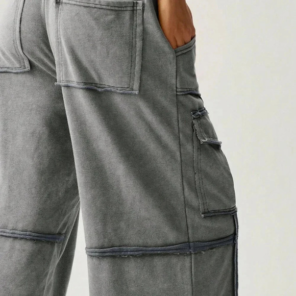 Dark Grey Casual Women's Vacation Knitted Pleated Pocket Palazzo Pants - Picture 3 of 7